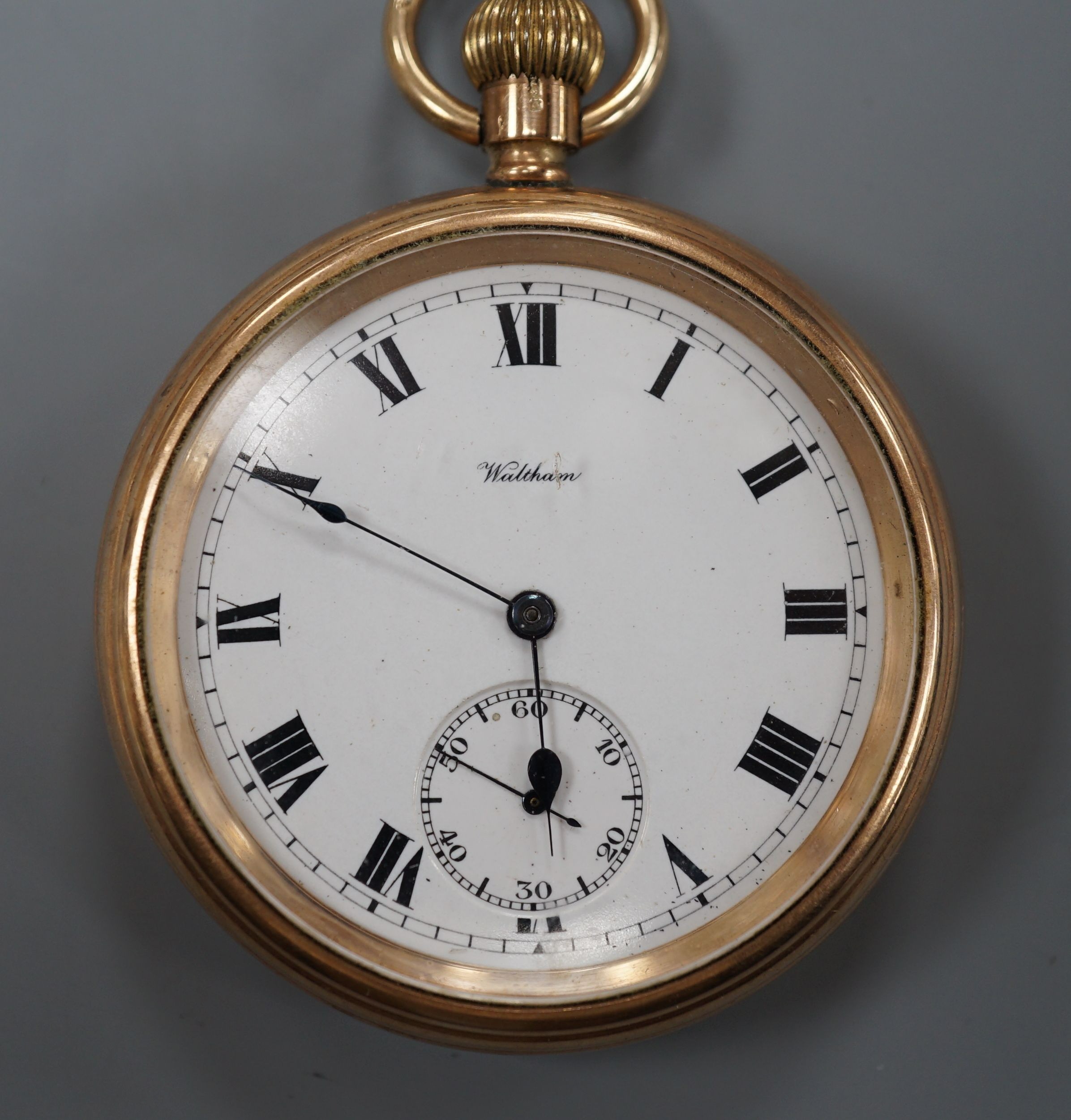 A 9ct gold Waltham keyless pocket watch, with enamelled Roman dial and subsidiary seconds, movement number 20221272, gross 122 grams.
